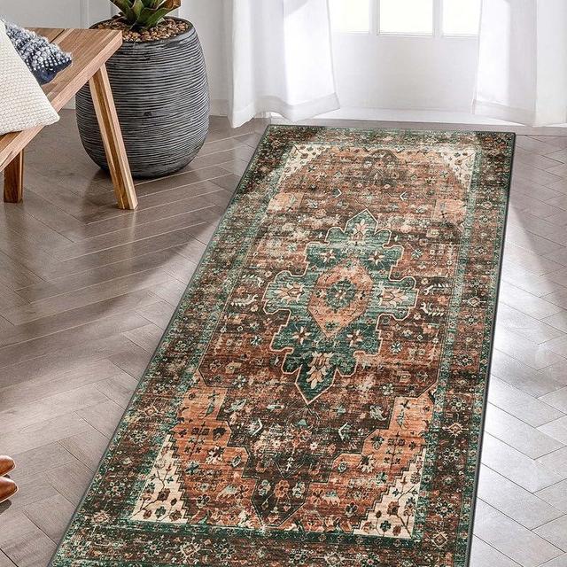 Moynesa Ultra-Thin Washable Runner Rug - 2x4 Laundry Room Rug Runner Non-Slip Kitchen Runner, Vintage Stain Resistance Non Shedding Bedroom Carpet Runner for Bathroom Living Room Hallway, Brown