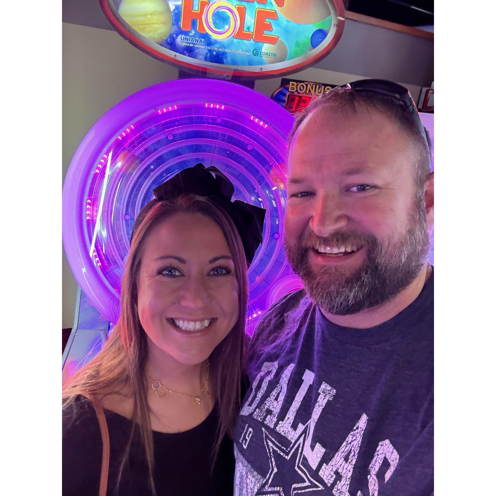 At our Big Kid Day - of course we competed the entire day! Robyn was ahead until Mike took her down at Laser Tag.