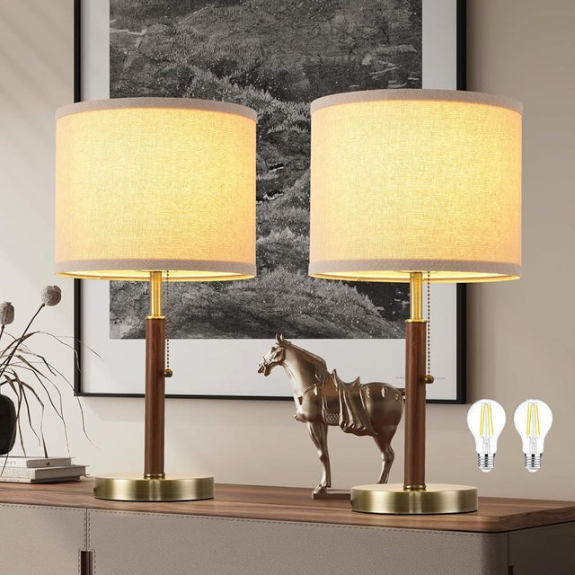 Smeike Mid Century Table Lamps Set of 2, 19.5" Modern Bedside Buffet Table Lamps with Pull Chain Switch, Antique Brass & Wood Small Nightstand Lamps for Living Room Bedroom End Table
