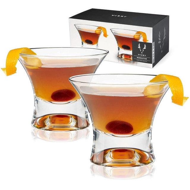 Viski Heavy Base Stemless Manhattan Glasses Set of 2 - Premium Crystal Cocktail Glass, Stemless Martini Glasses, Cocktail Glass Gift Set, 7 oz