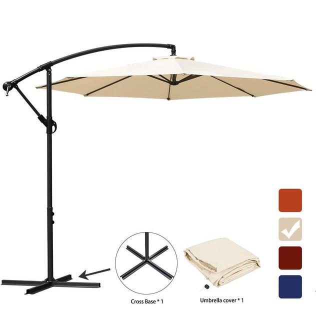 RUBEDER Patio Umbrella 10 Ft Offset Cantilever Umbrella Outdoor Market Hanging Umbrellas & Crank with Cross Base,8 Ribs (Beige)