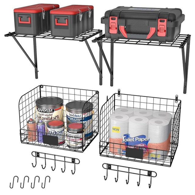 ThreeHio 2 Pack Garage Shelves Wall Mounted with Wire baskets, Heavy Duty Garage Wall Shelving with Hooks, Wire Shelf Baskets Tool Organizer for Home Garden Garage Organization and Storage