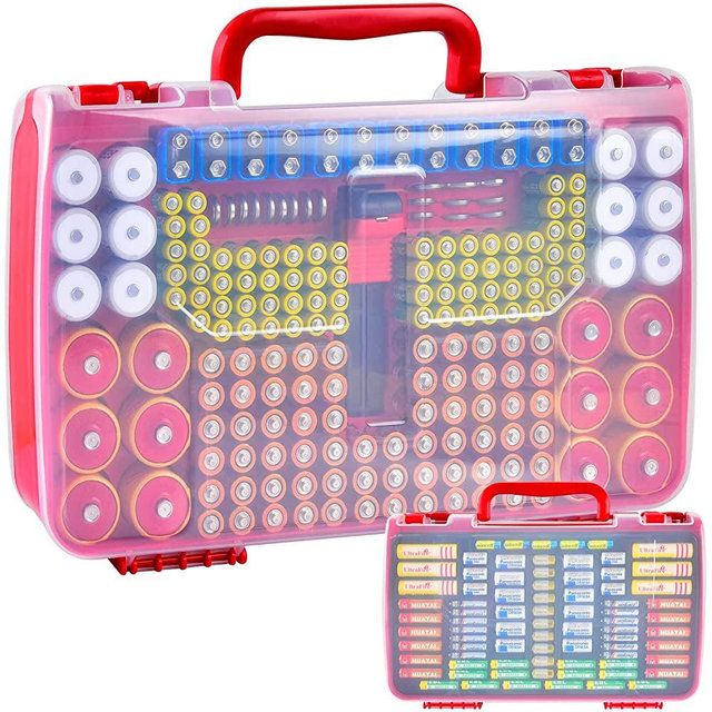 Battery Organizer Storage Holder Box Case with Tester- 269 Batteries Double-Sided Variety Pack, Container Holds AA AAA 4A C D Cell 9V 3V Lithium LR44 CR2 CR123 CR1632 CR2032 18650 Button (Red)