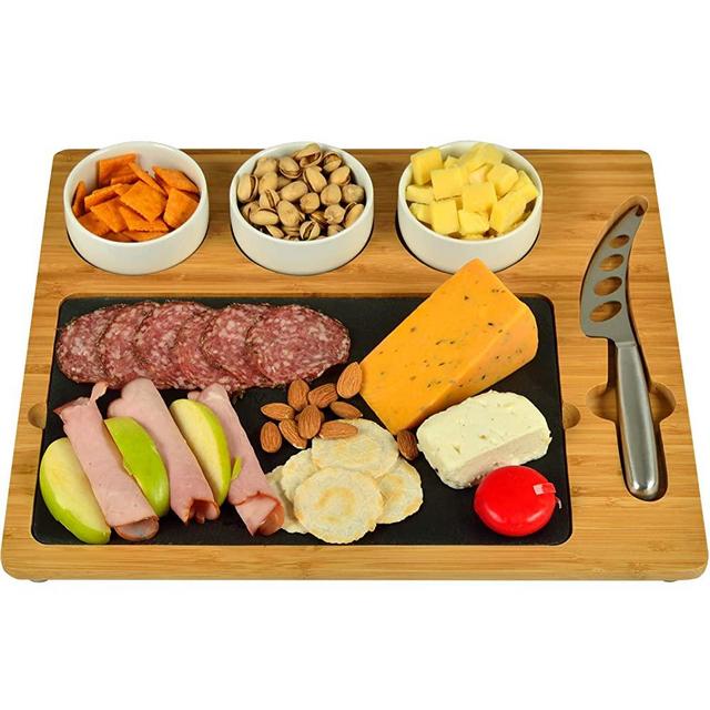 Picnic at Ascot Bamboo & Slate Cheese/Charcuterie Board - Includes 3 Ceramic Bowls & Cheese Knife- Patent Pending - Designed & Quality Checked in the USA