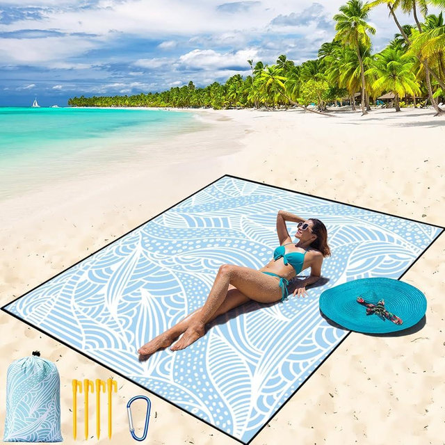 WIWIGO Beach Blanket Waterproof Sandproof Beach Mat 79" X 83" /10'x9'for 2-8 Adults Quick Drying Outdoor Picnic Mat Beach Accessories for Travel, Camping, Hiking