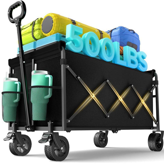 Wagons Carts Foldable Collapsible Foldable Extended Wagon with 500lbs Weight Capacity, Heavy Duty Folding Utility Garden Cart with Big All-Terrain Beach Wheels & Drink Holders