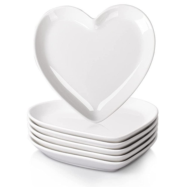 Delling Heart Porcelain Dessert Salad Plates - White 7.3 Inch Appetizer Plates - Small Ceramic Plates for Snacks, Pasta, Restaurant, Party and Kitchen Use - Microwave, and Dishwasher Safe ​- Set of 6