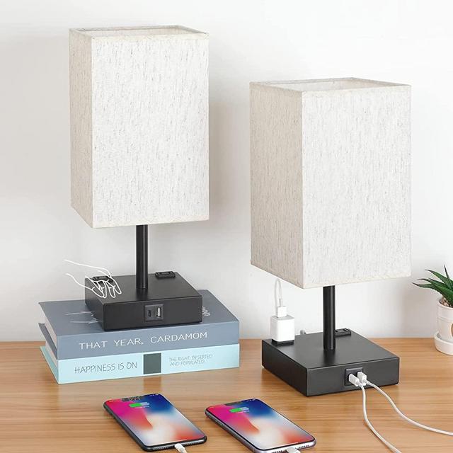 Touch Control Table Lamps Set of 2 - Nightstand Lamp for Bedroom with USB C+A Charging Ports & AC Outlets, 3-Way Dimmable Bedside Lamp Flaxen Fabric Shade for Bedroom Living Room(Bulb Included)