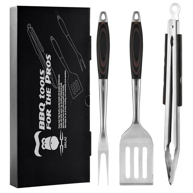 Grilaz Stainless Steel BBQ Tool Set | Dark-Dyed Wood Handles | Heavy Duty Grilling Accessories | 3-Piece Outdoor Barbecue Grill Utensil Set with Spatula, Fork, and Tongs - Ideal Gift for Men…