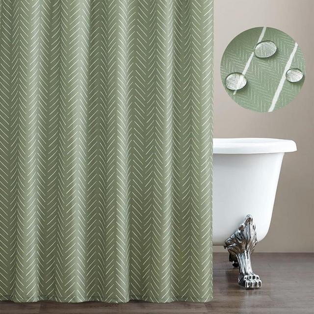 jinchan Extra Long Sage Green Shower Curtain with White Herringbone Striped Zig Zag Chevron Waterproof Fabric Modern Farmhouse Shower Curtains for Bathroom with 12 Hooks 70x84 Inches
