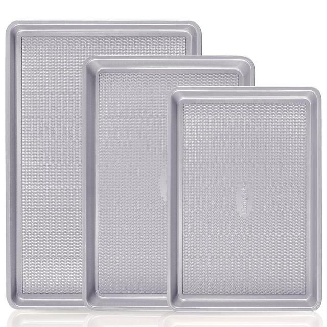 HONGBAKE 3 Pack Nonstick Ceramic Baking Sheet Pan Set for Oven, Non-Toxic Half/Quarter/Jelly Roll Pans with Diamond Texture, Heavy Duty 0.8mm Aluminized Steel Cookie Trays for Cooking, Light Grey