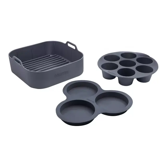 Gourmia Reusable 3pc Silicone Air Fryer Accessory Set with Basket Liner, Egg Bites Mold & Muffin Pan: Dishwasher-Safe, Hand Wash, Black, 1.49 lbs