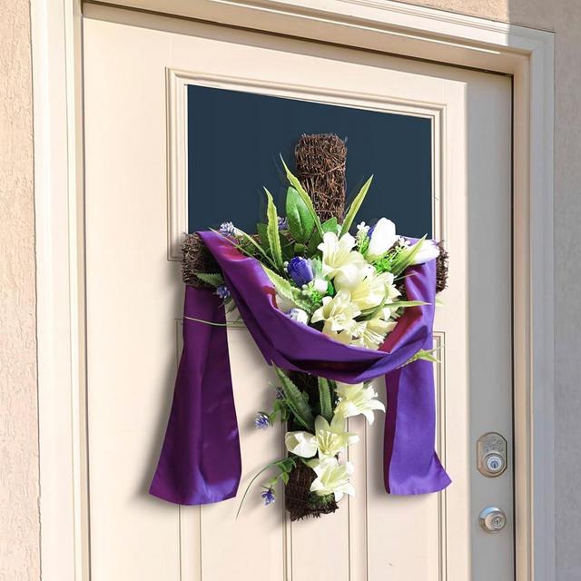 Zeyune Easter Front Door Wreath Large Religious He is Risen Cross Wreath Natural Grapevine Hanging Sign Christian Jesus Lily Flowers Wreaths Hanger Gift for Spring Home Porch Farmhouse Party Decor