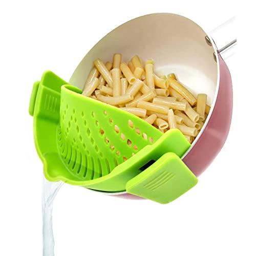 YEVIOR Clip on Strainer for Pots Pan Pasta Strainer, Silicone Food Strainer Hands-Free Pan Strainer, Clip-on Kitchen Food Strainer for Spaghetti, Pasta, Ground Beef Fits All Bowls and Pots - Green