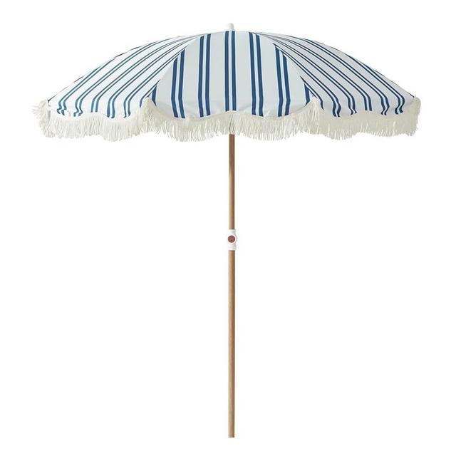 6.5FT Striped Beach Umbrella with Fringe, UPF 50+ Sun Protection with Silver Coating, Adjustable Height and Tilt Design, Wind-Resistant Fiberglass Ribs, Wood Grain Iron Pole, Lightweight Design with Portable Carry Bag, Base Not Included