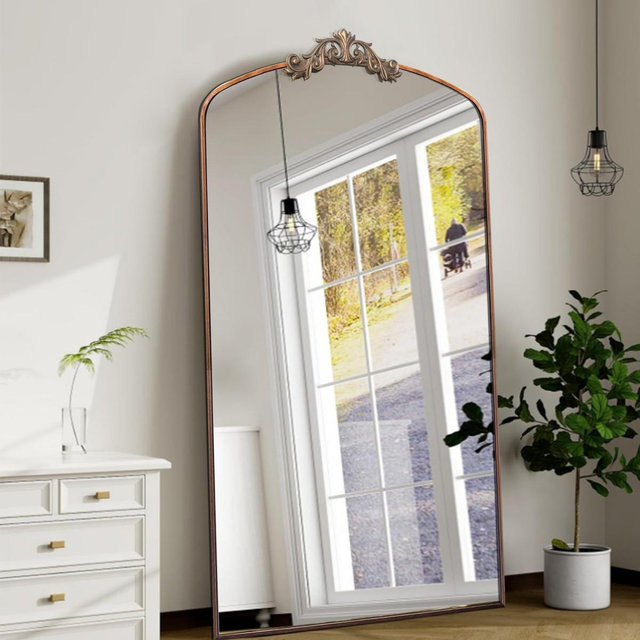 36 x 66 Inch Full Length Floor Mirror, Vintage Arched Bronze Metal Frame Oversized Dressing Mirror for Bedroom, Entryway, Clothing Shop-Panipeachy