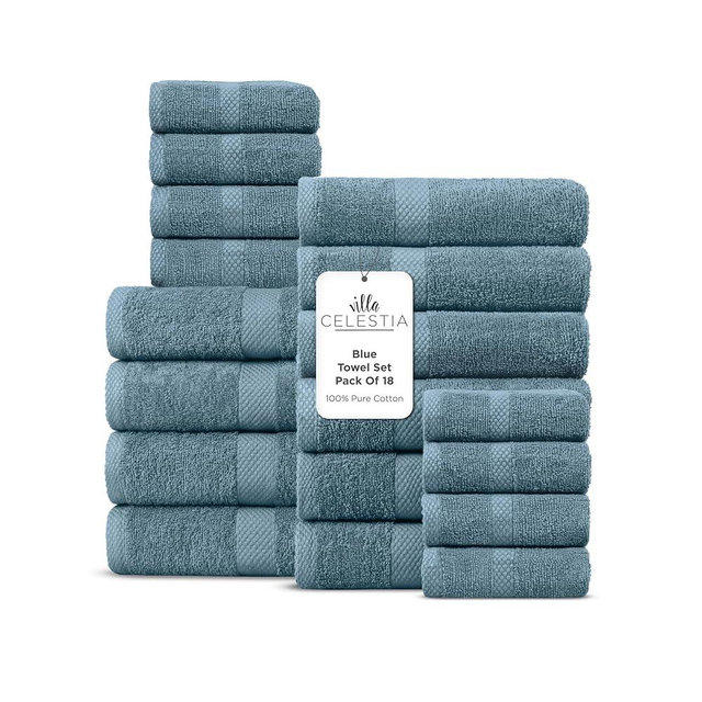 Villa Celestia 100% Cotton Bath Towel Set of 18-4 Bath Towels, 6 Hand Towels, 8 Wash Cloths, Sustainable, Soft, Highly Absorbent, Combed Cotton 18 Piece Set for Hotels, Spa, Bathroom, Dorm, Blue