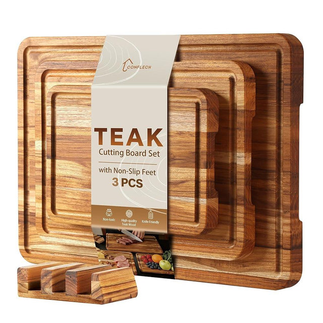 3 Pack Teak Cutting Board Set for Kitchen Wood Charcuterie Board with Juice Groove Wooden Cutting Boards Non Toxic Heavy Duty Slip Over Sink Solid Thick Chopping Board FSC