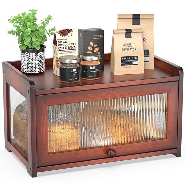 BAMBANG Bamboo Bread Box for Kitchen Countertop, Large Capacity Bread Storage Container Farmhouse Bread Box with 3 Sides Wavy & Back Clear Window, Breadbox Bin Holder for Homemade Bread, Rustic Brown