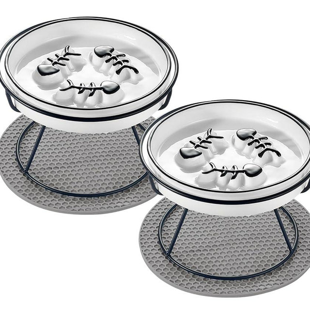 2PCS Raised Cat Bowl - Improved Design, Elevated Puzzle Feeder, Anti Vomit & Obesity Prevention, Slow Down Eating Speed