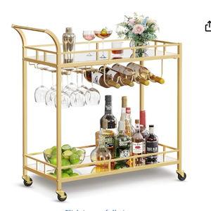 VASAGLE Bar Cart Gold, Home Bar Serving Cart, Wine Cart with 2 Mirrored Shelves, Wine Holders, Glass Holders, for Kitchen, Dining Room, Gold ULRC090A03