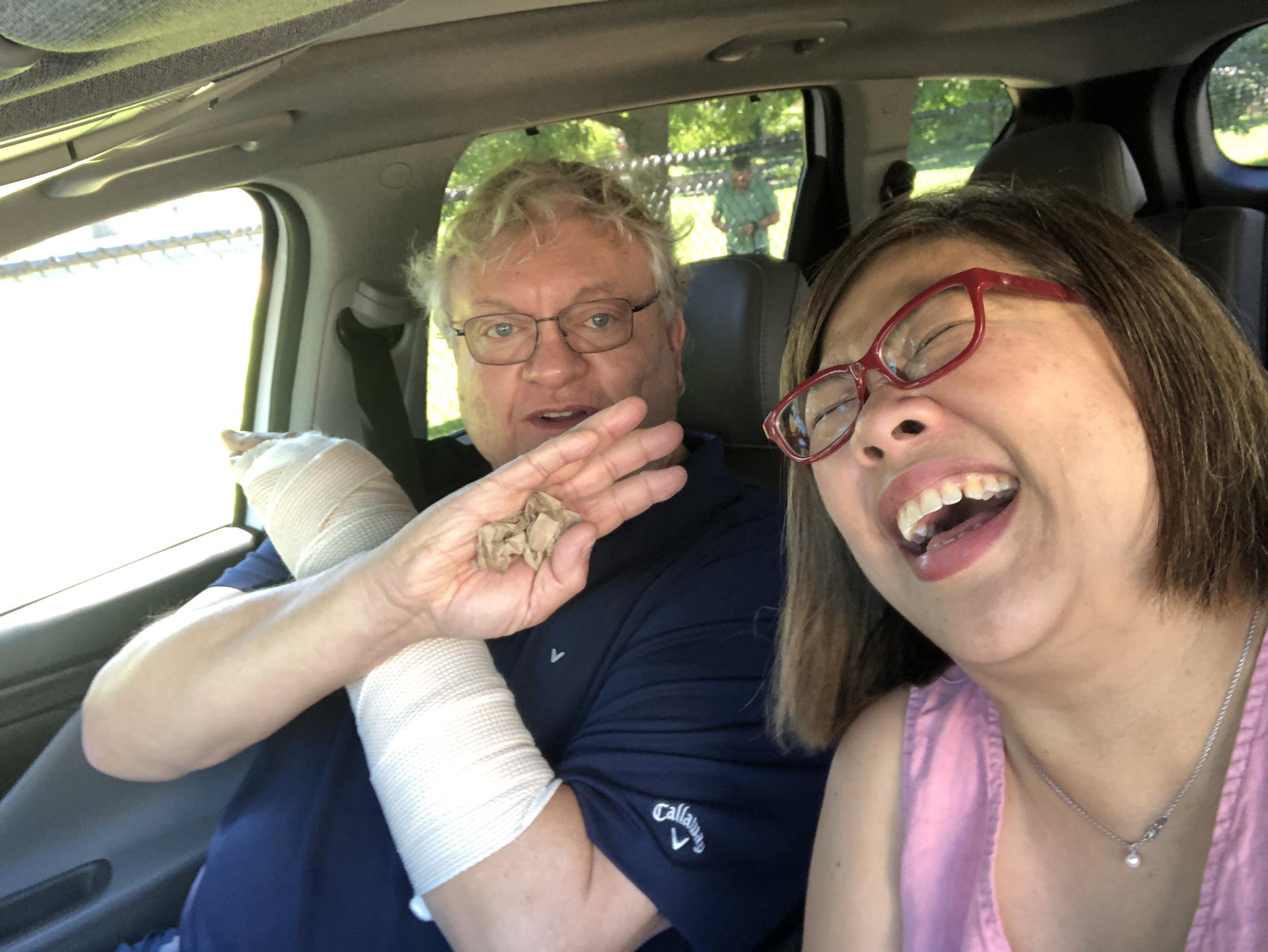 Fred keeps his sense of humor despite accidentally breaking his wrist.