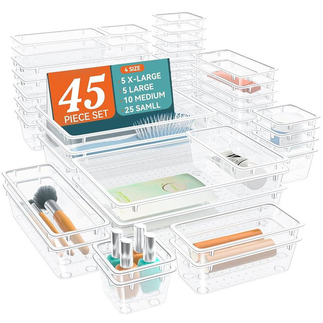 SpaceTrove Drawer Organizers of 45 PCS Plastic Drawer Organizer Bins, 4 Sizes(3*3",6*3",9*3" 9*6") Bathroom Kitchen Office Organizers and Storage Containers for Makeup, utensils, stationery (White)