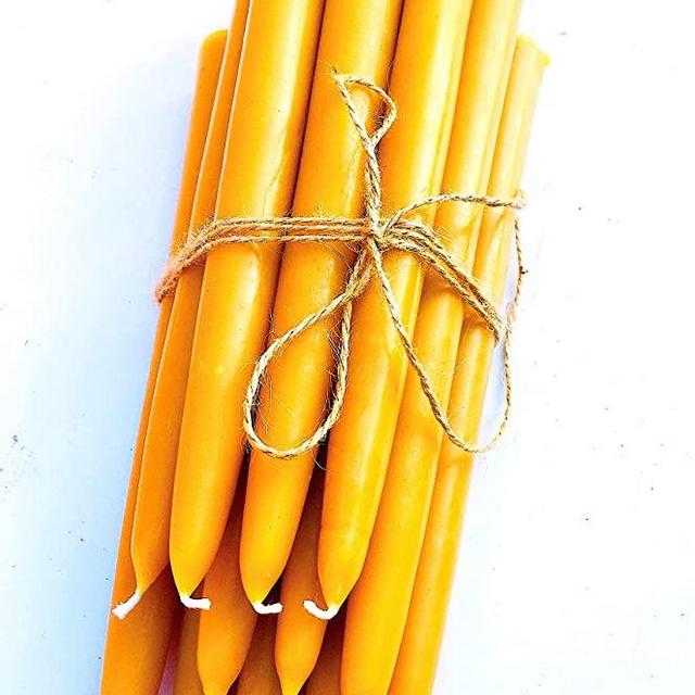 BeeTheLight Beeswax Taper Candles - Dipped Style - 10 Hours Each, 12 Pack, 120 Hours - 100% Pure Bees Wax - Handmade - Unscented - All Natural Light Honey Scent