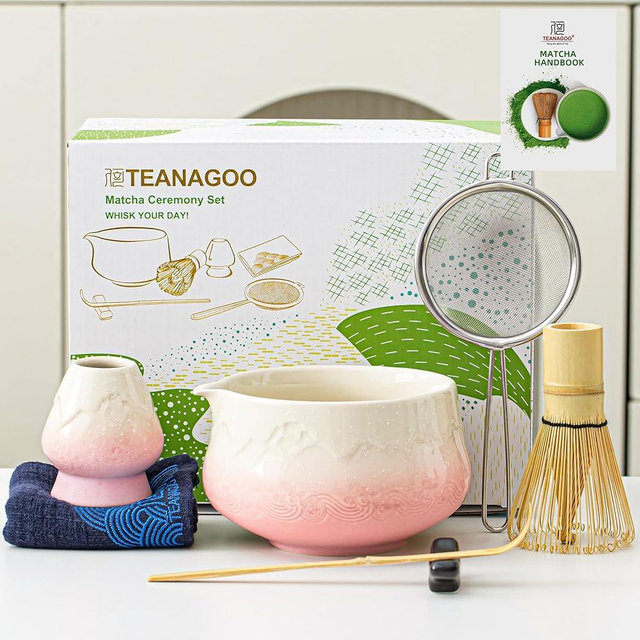 TEANAGOO 7 Pcs Matcha Whisk Set, Pink Matcha Set, Ceremony Matcha Powder Kit,Matcha Tea Set for Making Latte,Matcha Whisk Set and Bowl with Scoop&Sifter,Fuji Design Ceramic Bowl,Gift for Matcha Lovers