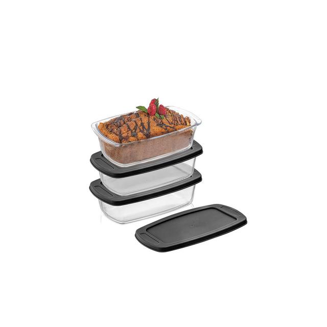 JoyJolt Glass Bakeware Containers for Loaf, Bread, Cakes Pans Baking Containers with Lids - Set of 3 - Black