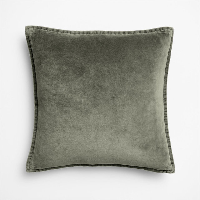 Relaxed Washed Organic Cotton Velvet 20"x20" Shadow Sage Green Throw Pillow with Feather Insert