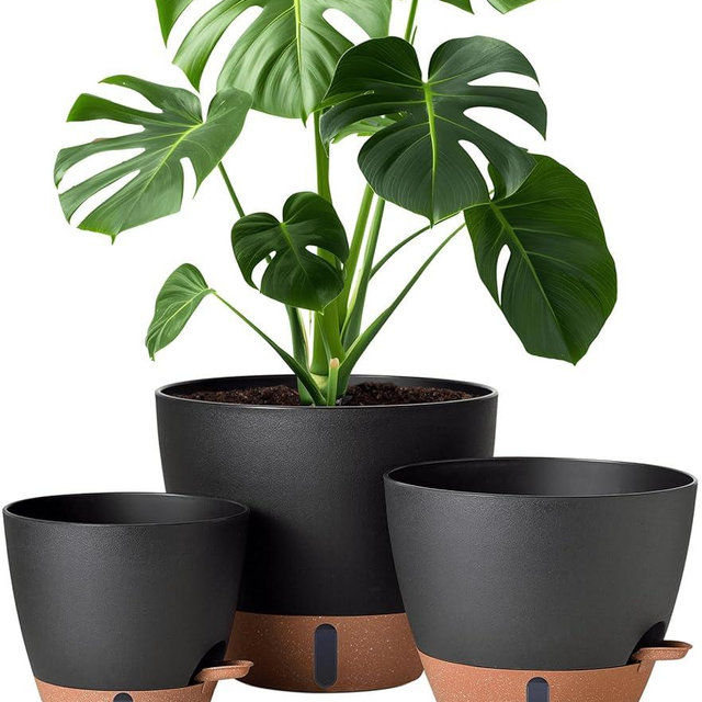 12/10/8 Inch Self Watering Pots for Indoor Plants Plastic Large Plant Pot for Outdoor Plants, Water Level Window & Spacious Reservoir Flower Pots Decorative Planter with Drainage and Tray (Black)