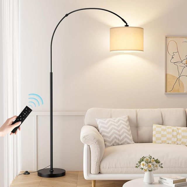 Ambimall Dimmable Arc Floor Lamp with Remote, Color Temperatures and Brightness Adjustable, Arched Floor Lamp with Rotating Head, Over Couch Arched Reading Light for Living Room (Deep Beige and Black)