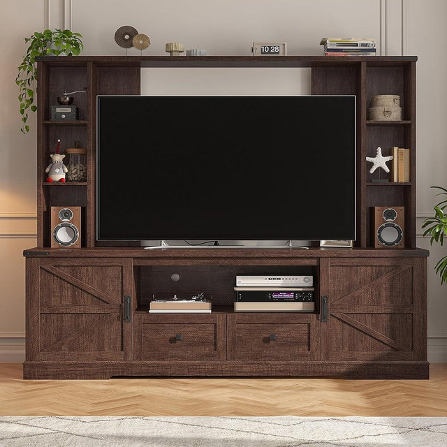 EnHomee Entertainment Center with 2 LED Lights & Power Outlets, Large Farmhouse Wall Unit Entertainment Center for 60 Inch Television Stand, TV Stands for Living Room with Storage Shelf, Brown