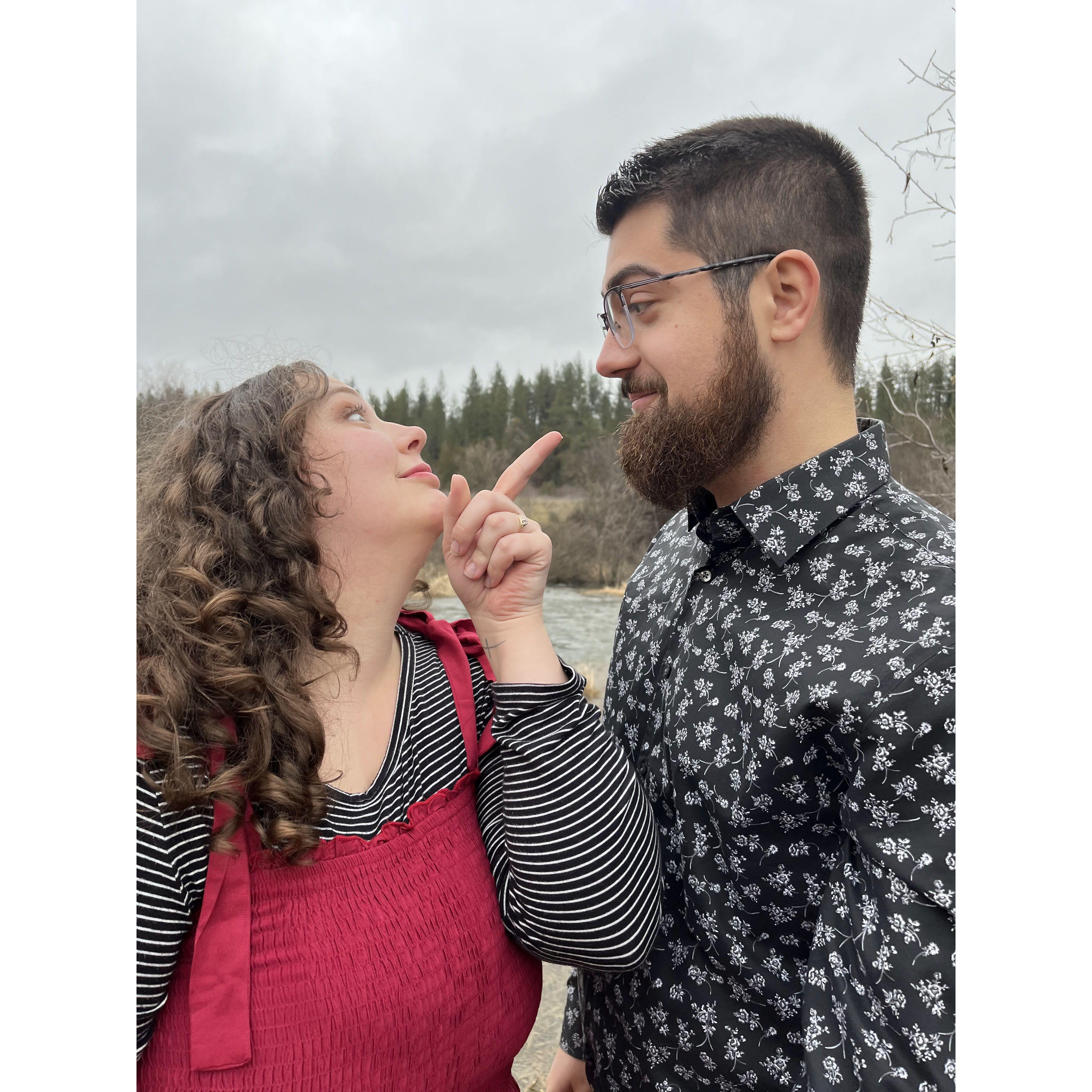 Goofing around at our engagement photo shoot with bridesmaid Elianah! 2/2/24