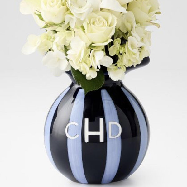 Navy White Stripped Ceramic Ruffle Vase