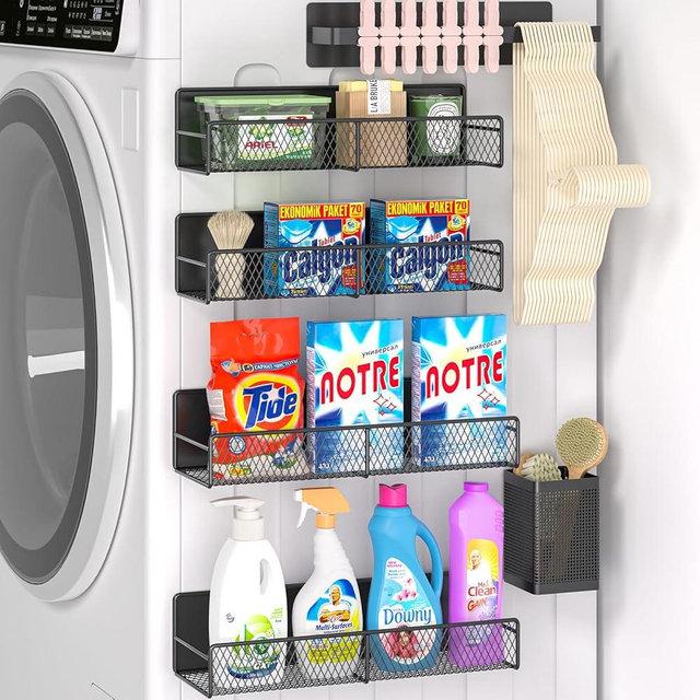 Magnetic Shelves for Washing Machine 6 Pack, Heavy-Duty Metal Magnetic Laundry Organizer Black W/ Hanger Organizer, Tool Holder, Space Saving Shelf for Home Kitchen Closet & Laundry Room Organization