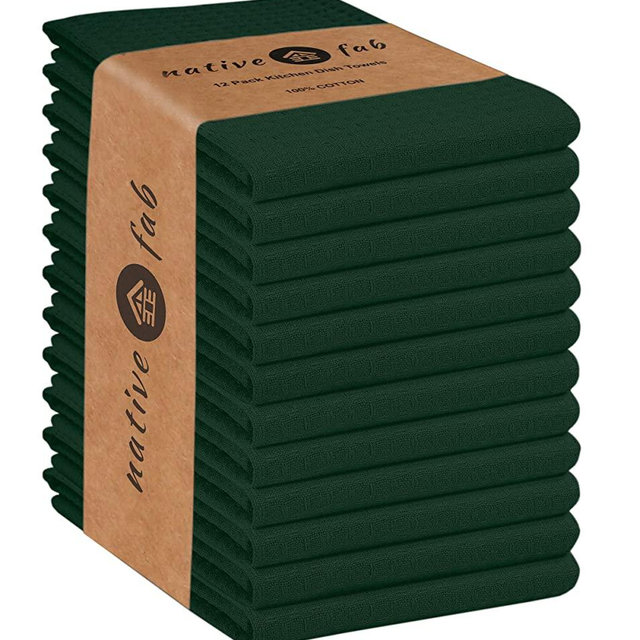 Native Fab Waffle 12 Pack 100% Cotton Kitchen Dish Towels 16x26 Absorbent Durable Washable, Tea Towels, Dish Cloths, Bar Towels, Cleaning Towels, Kitchen Towels with Hanging Loop, Olive Green