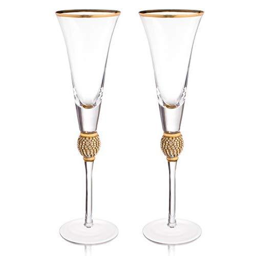 Trinkware Wedding Champagne Flutes - Rhinestone"DIAMOND" Studded Toasting Glasses With Gold Rim - Long Stem, 7oz, 11-inches Tall – Elegant Glassware And Stemware - Set of 2 For Bride And Groom
