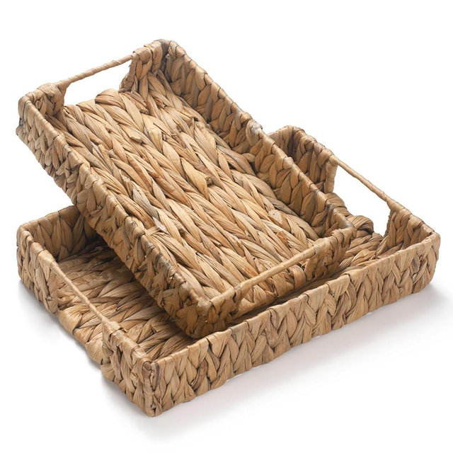 2 Pack Water Hyacinth Tray with Handles, Rectangular Wicker Serving Tray, Woven Serving Basket for Coffee Table, Bathroom, Living Room, Kitchen