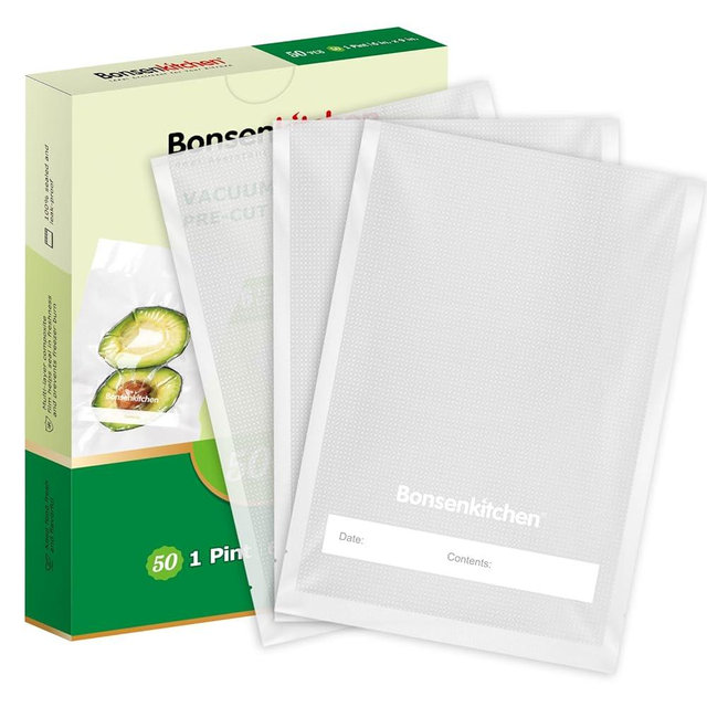 Bonsenkitchen Precut Vacuum Sealer Bags, 50 Pint 6" x 9" Food Sealer Bags, Food Grade, BPA Free, Heavy Duty, Customized Size Vacuum Bags for Vac Storage, Meal Prep or Sous Vide Cooking, VB10