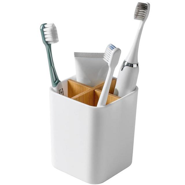 Bamboo Toothbrush Holder for Bathrooms, 4 Slots Toothbrush and Toothpaste Holder Bathroom Counter Organizer for Electric Toothbrushes, Floss, Razors - White