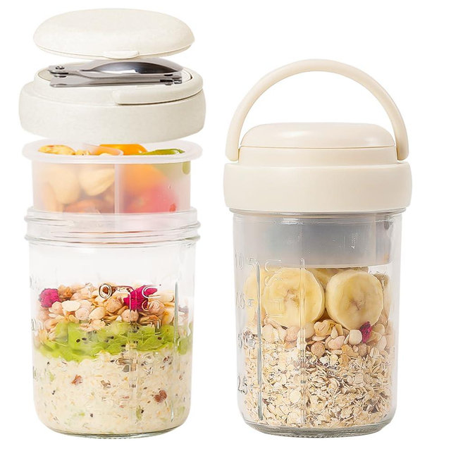 2 Pack Overnight Oats Containers with Lids and Handles, Folding Spoons & Divided Compartments for Fruit & Nuts, 16oz Mason Jars for Oatmeal Yogurt Container Chia Pudding Jars with lids (Cream 2pcs)