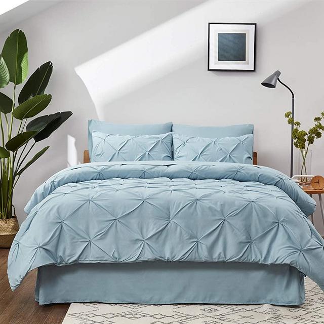 Bedsure Light Blue Full Size Comforter Sets - 8 Pieces Pintuck Bed Set Full Size, Light Blue Full Size Bed in A Bag with Comforters, Sheets, Pillowcases & Shams