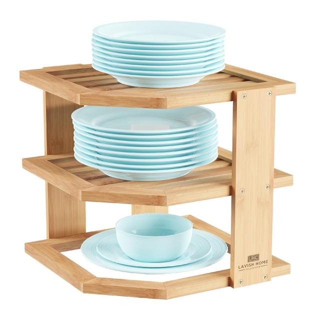 Hastings Home 3-Tier Bamboo Corner Shelf and Storage Organizer for Kitchen or Bathroom Countertop, Cabinet, or Cupboard