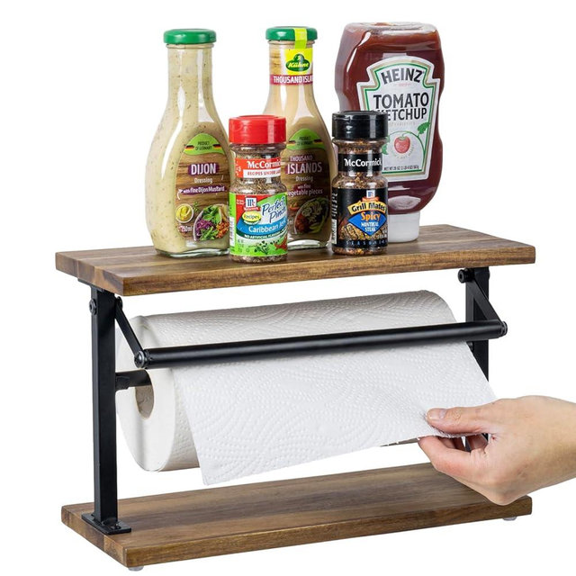 MyGift Premium Solid Acacia Wood Paper Towel Holder with Top Display Shelf and Matte Black Metal Frame, Freestanding Kitchen Countertop Disposable Roll Dispenser Storage Rack