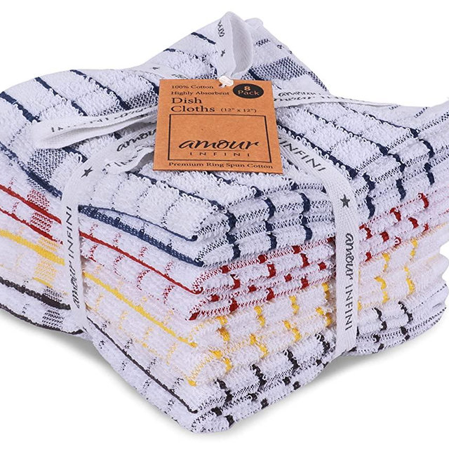 AMOUR INFINI Grid Terry Dish Cloth | Set of 8 | 12 x 12 Inches | Low Lint, Super Soft and Absorbent |100% Cotton Dish Rags | Perfect for Household and Commercial Uses | Multicolor
