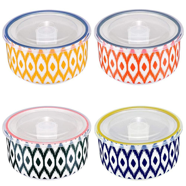 Miicol Ceramic Bowls Set with Lids, Porcelain Food Storage Containers, Porcelain Prep Bowls for Kitchen, Microwave & Dishwasher Safe, Assorted Patterns, 23 Ounces, Set of 4