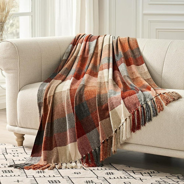 EVERGRACE Plaid Chenille Throw Blanket for Couch, Super Soft Cozy Decorative Fall Throw Blanket with Tassels for Bed Sofa Gift, Lightweight Harvest Plaid Throw Blanket for Autumn 60"x80"