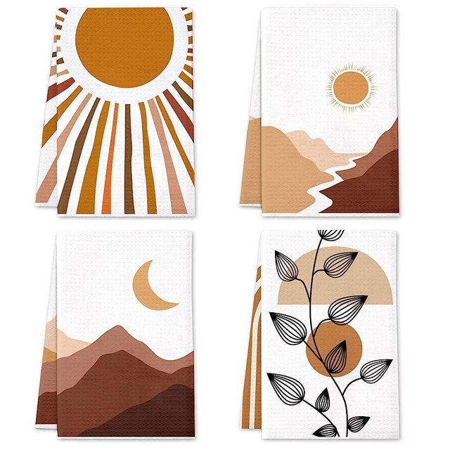 Lebsitey Boho Kitchen Towels, 4 Pack Boho Mountains, Rivers, Sun and Moon Tea Dish Towels, Absorbent Drying Cloth Tea Towels for Cooking Baking,16×24IN